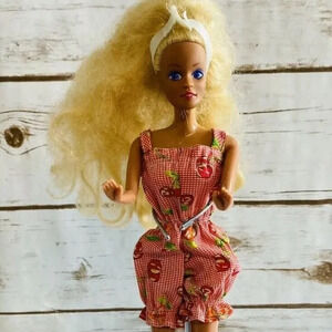 T.B.K. Blonde Hair Blue Eyes Cherry Romper Outfit 12" Tall Used